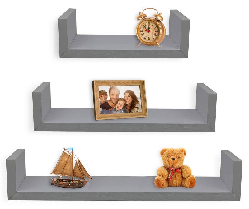 Greenco Set of 3 Floating â€œUâ€ Shelves, Easy-to-Assemble Floating Wall Mount Shelves for Bedrooms and Living Rooms, Grey Finish - Image 1